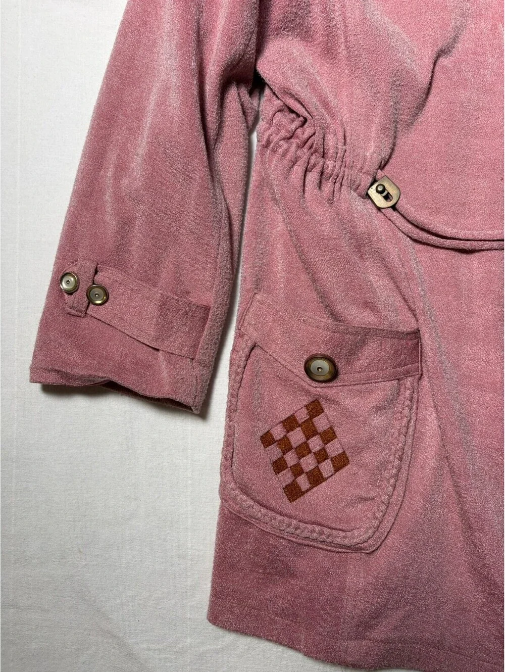 Vintage Pink Hooded Jacket Brown Trim Button Front Cinched Waist Women’s